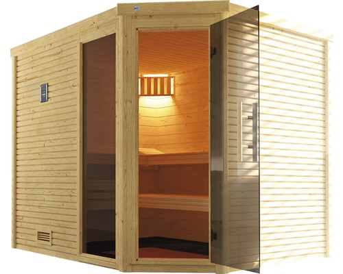 Dřevěná sauna se skleněnými dveřmi a vnitřním osvětlením pro vnitřní použití