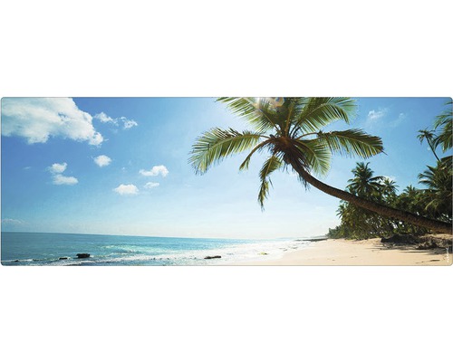 Koupelnová zádní stěna mySPOTTI aqua Beach 120x45 cm Tropická pláž s palmami pod modrou oblohou