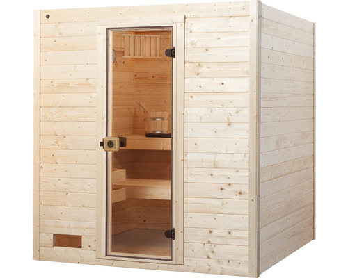 Dřevěná sauna se skleněnými dveřmi a interiérem