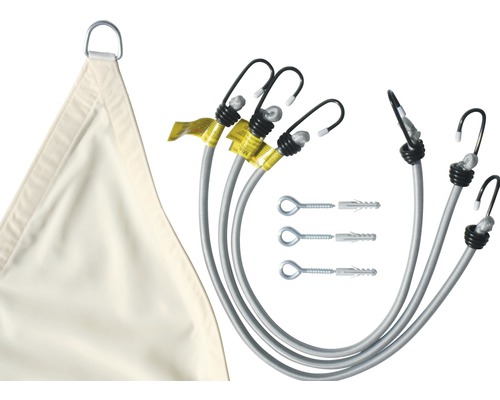 Trojúhelníková sluneční plachta s napínacími lany a šrouby s okem pro upevnění