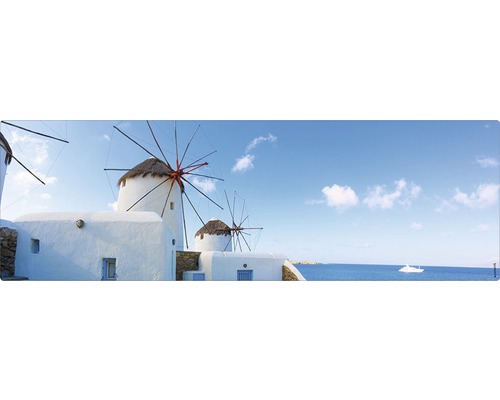 Koupelnová zádní stěna mySPOTTI aqua Greece 140x45 cm Panorama s větrnými mlýny na pobřeží