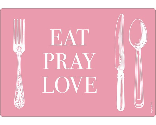 Obkladový panel do kuchyně mySPOTTI pop Prostřeno 41x59 cm Dekorativní prostírání s vidličkou, nožem, lžící a nápisem Eat Pray Love