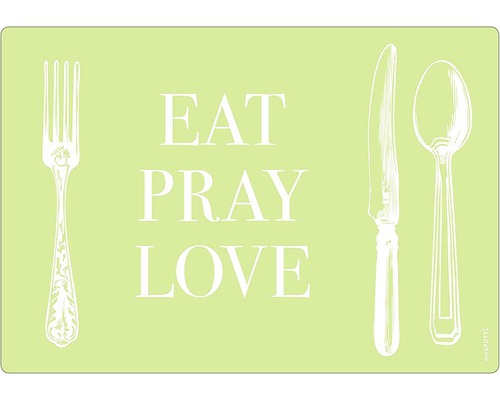 Obkladový panel do kuchyně mySPOTTI pop Prostřeno 41x59 cm Dekorativní plakát s nápisem Eat Pray Love, vidličkou, nožem a lžící
