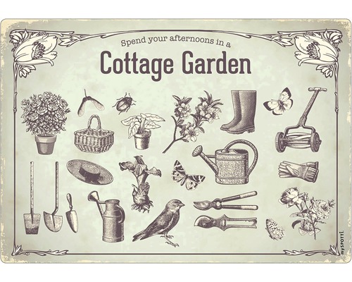 Obkladový panel do kuchyně mySPOTTI pop Cottage garden 41x59 cm Ilustrace zahrady u chaty s zahradním nářadím a rostlinami