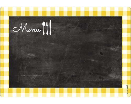 Obkladový panel do kuchyně mySPOTTI memo Menu 41x59 cm Černá tabule s nabídkou a žlutým kostkovaným okrajem