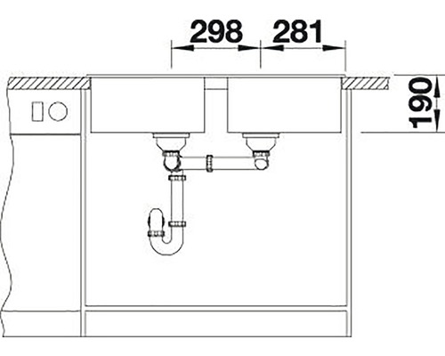 Technický nákres dvojitého dřezu s rozměry pro instalaci