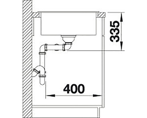 Nákres dřezu o rozměrech 335 mm výška a 400 mm šířka.