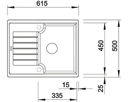 Technický nákres obdélníkového umyvadla s rozměry.