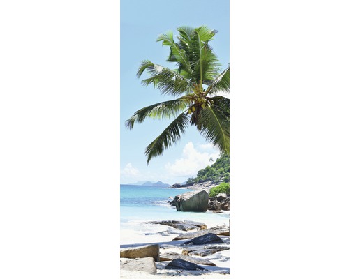 Pohled na pláž se skalami a palmou