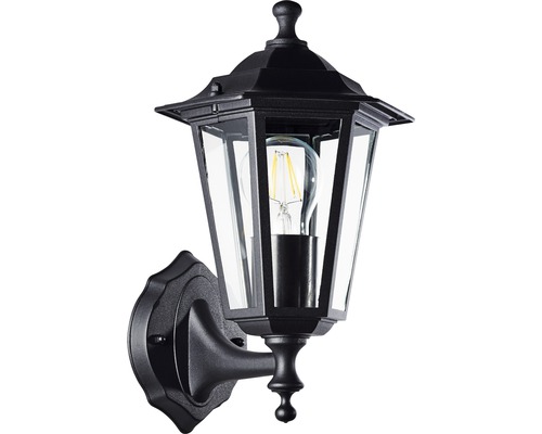 Černé venkovní nástěnné svítidlo ve stylu lucerny s čirým sklem