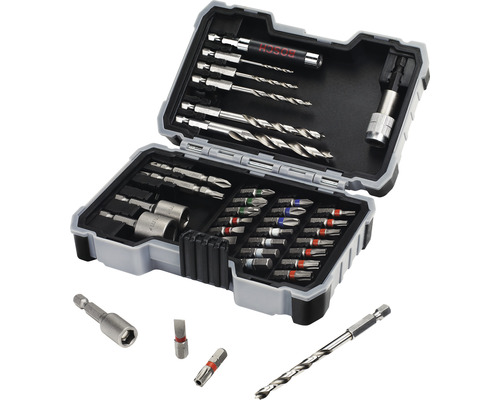 Sada vrtáků a bitů v otevřeném kufříku na nářadí