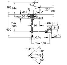 Technický nákres umyvadlové baterie s rozměry