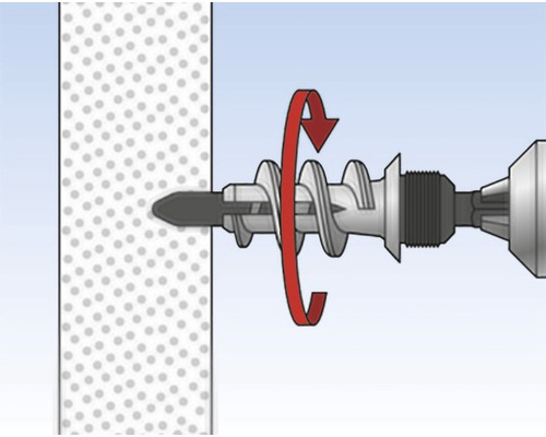 Ilustrace instalace hmoždinky do dutých stěn s rotačním pohybem