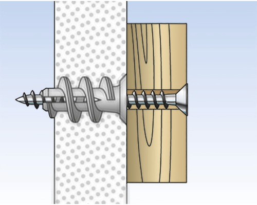 Ilustrace šroubu s hmoždinkou ve zdi a dřevě
