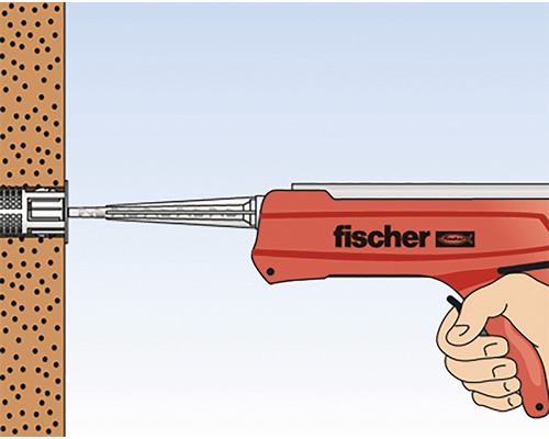 Ilustrace montáže s injektážní maltou a vytlačovací pistolí od společnosti Fischer