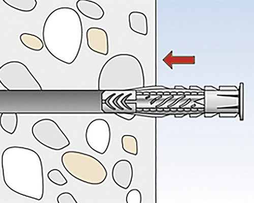Ilustrace hmoždinky v betonové zdi s červenou šipkou ukazující směr tahu.