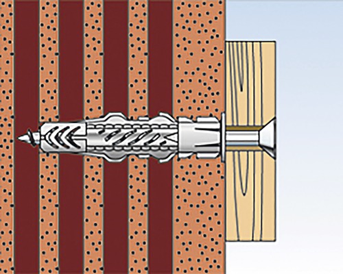 Ilustrace hmoždinky se šroubem upevněné ve zdi
