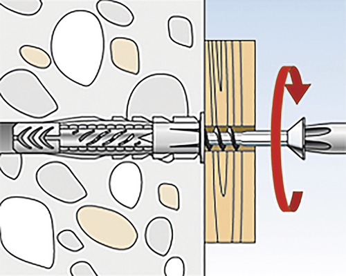 Ilustrace šroubu s hmoždinkou připevněného ke zdi