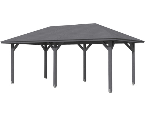 Volně stojící pavilon s dřevěnou střechou a dřevěnými sloupky.