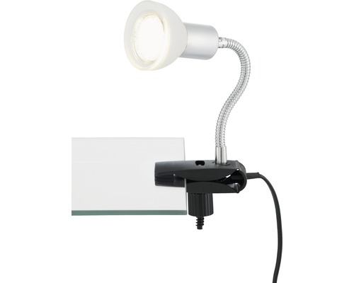 Svítidlo s klipem, stříbrným, flexibilním ramenem a bílou hlavou lampy