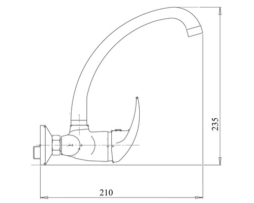 Technický nákres kuchyňské baterie s rozměry 210 mm a 235 mm.