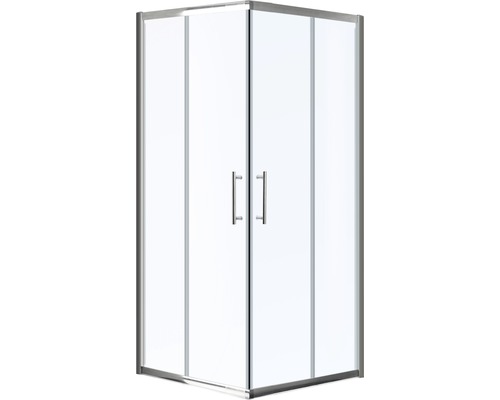 Rohová sprcha s dvoukřídlými dveřmi a čirým sklem