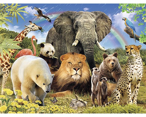 Ilustrace různých zvířat, jako je slon, lev, žirafa a gepard v přirozeném prostředí