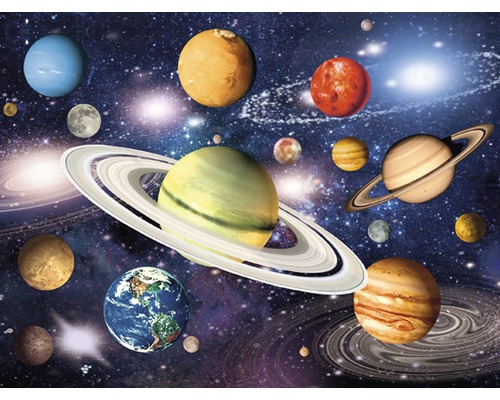 Ilustrace sluneční soustavy s planetami a hvězdami