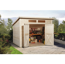 Zahradní domek s otevřenými dvoukřídlými dveřmi a plochou střechou pro uložení zahradního nářadí.