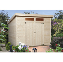 Dřevěný zahradní domek s dvoukřídlými dveřmi a okny