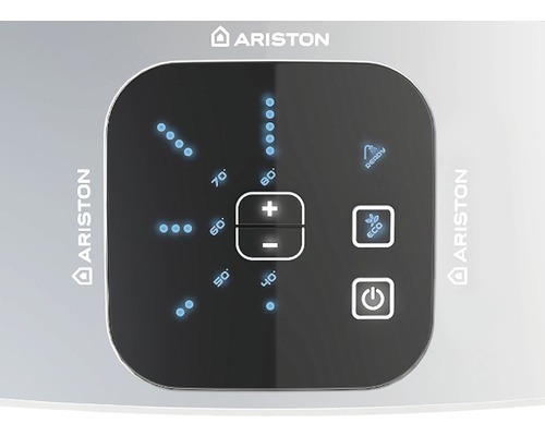 Logo Ariston, ovládací panel ohřívače vody s nastavením teploty, symboly Eco a Power