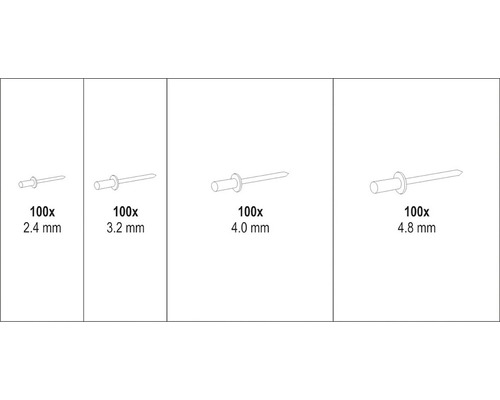 Nýtovací matice v různých velikostech: 2.4 mm, 3.2 mm, 4.0 mm a 4.8 mm, vždy 100 kusů