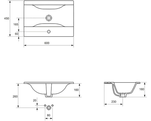 Technický nákres umyvadla s rozměry.