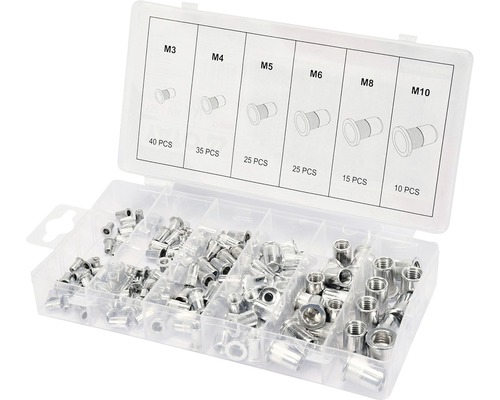 Sortimentní box s nýtovacími maticemi velikostí M3, M4, M5, M6, M8 a M10