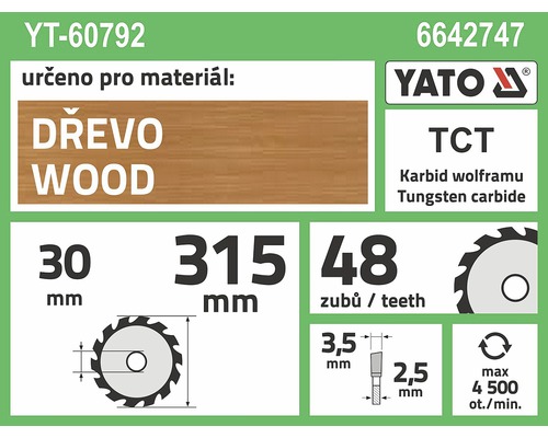 Informace o pilovém kotouči na dřevo o průměru 30 milimetrů, průměru pilového kotouče 315 milimetrů, 48 zubů a technologii karbidu wolframu