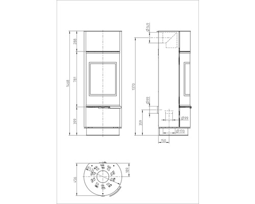 Rozměrový výkres kamen s pohledy zepředu, z boku a shora