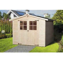 Dřevěná zahradní bouda s dvoukřídlými dveřmi a okny