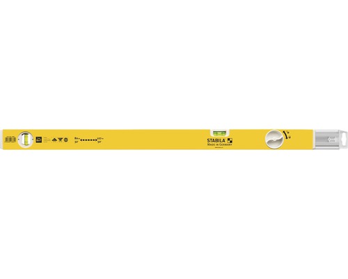 Logo společnosti Stabila. Symbol pro horizontální měření. Symbol pro vertikální měření. Symbol pro měření ve skloněné rovině. Informace o přesnosti měření. Hranolová frézovaná plocha. Nárazuvzdorné koncovky.
