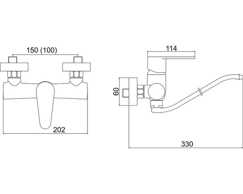 Technický nákres kuchyňské baterie s rozměry.
