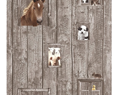 Tapeta s motivy zvířat, jako je kůň, pes, kočka, prase, ovce, zajíc a kachna, s dřevěným vzhledem