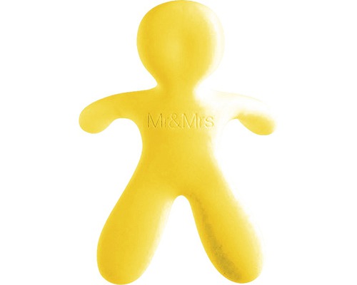 Žlutý osvěžovač vzduchu ve tvaru člověka s nápisem Mr&Mrs.