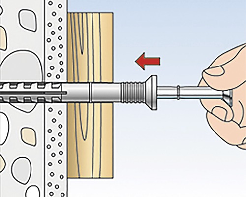 Ilustrace montáže hmoždinky skrz dřevěnou lištu do zdi
