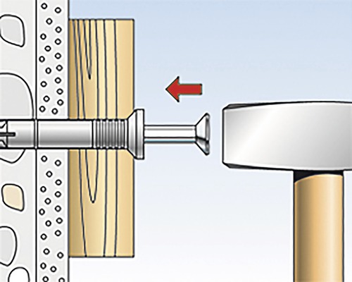 Ilustrace hmoždinky zatloukané kladivem do zdi.
