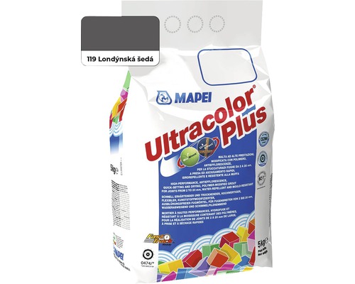 Spárovací hmota Mapei Ultracolor Plus 119 Londýnská šedá 5 kg Mapei Ultracolor Plus spárovací hmota, 5 kilogramové balení, barva Londýnská šedá