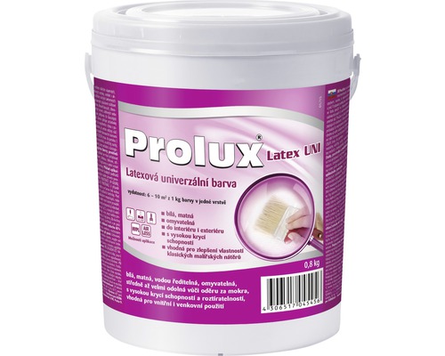 Barva na zeď Prolux Latex UNI bílá 0,8 kg Prolux Latex Uni univerzální latexová barva pro interiéry a exteriéry v kbelíku