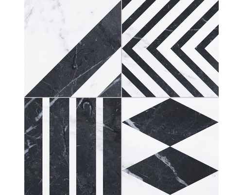 Dlažba imitace mramoru Velvet geo negro 33,15 x 33,15 cm Vzor dlaždic s geometrickými tvary v černé a bílé barvě