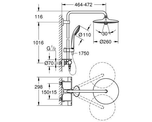 Technický výkres sprchové soupravy s rozměry