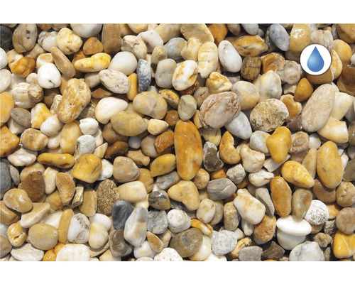 Detailní záběr žlutých a bílých okrasných oblázků se symbolem voděodolnosti