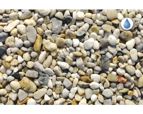 Okrasný štěrk jako podlahová krytina se symbolem propustnosti vody