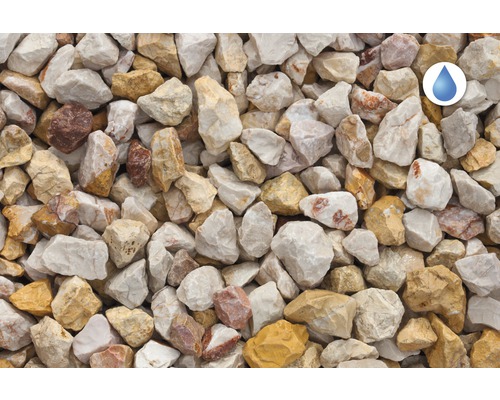 Detailní pohled na okrasný štěrk se symbolem propustnosti vody